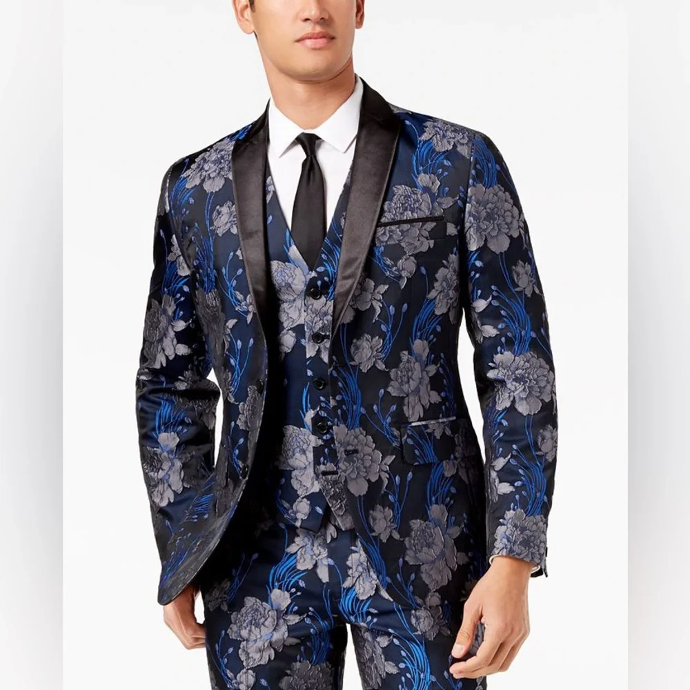 NWT INC Brocade Slim-Fit Blue Floral Textured Suit Set Size Small, 29x30
